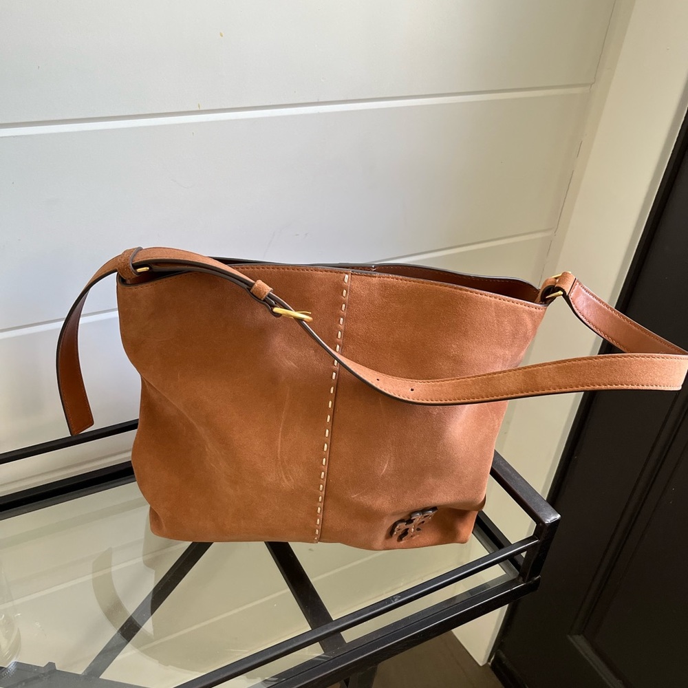 Tory Burch Mcgraw Suede Slouchy Hobo- Dark Carmel